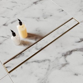 HTOH Gold Shower Drain, 24 Inch Linear Shower Drain with Removable Tile Insert Grate, 2 in 1 Bathroom Modern 304 Stainless Steel Brushed Gold Shower Floor Drain with Adjustable Feet,Hair Strainer