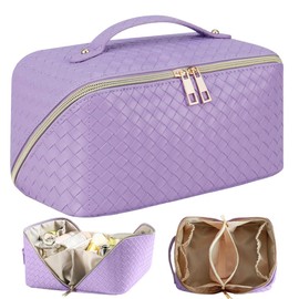 Cosmetiquera de Viaje de Gran Capacidad - Bolsa de Maquillaje de Cuero PU Impermeable con Asa y Separadores, Bolsa Organizadora de Cosmeticos, Neceser de Viaje para Mujer Portátil (Morado)