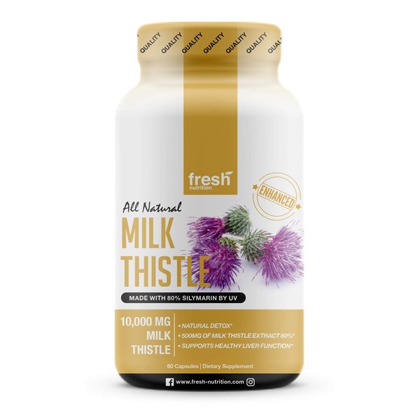 Milk Thistle Capsules - Strongest Available 10,000mg 80% Silymarin - Organic Cleanse & Detox Support Supplement - Extract Powder in Capsule Pill Form - Made in The USA