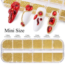 Gold Nail Charms and Gems Mini Caviar Beads for Nails Art Small Gold Pearl Nail Beads Round Balls Metal Charms for Nails Decorations Design with Tools