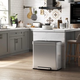 SONGMICS SONGMICS Kitchen Trash Can, 16 Gallons (2 x 8 Gallons) Dual Compartment Garbage Can, 60L Pedal Recycling Bin, Stay-Open Lid and Soft Closure, Stainless Steel, 15 Bags Included, Silver ULTB202E01