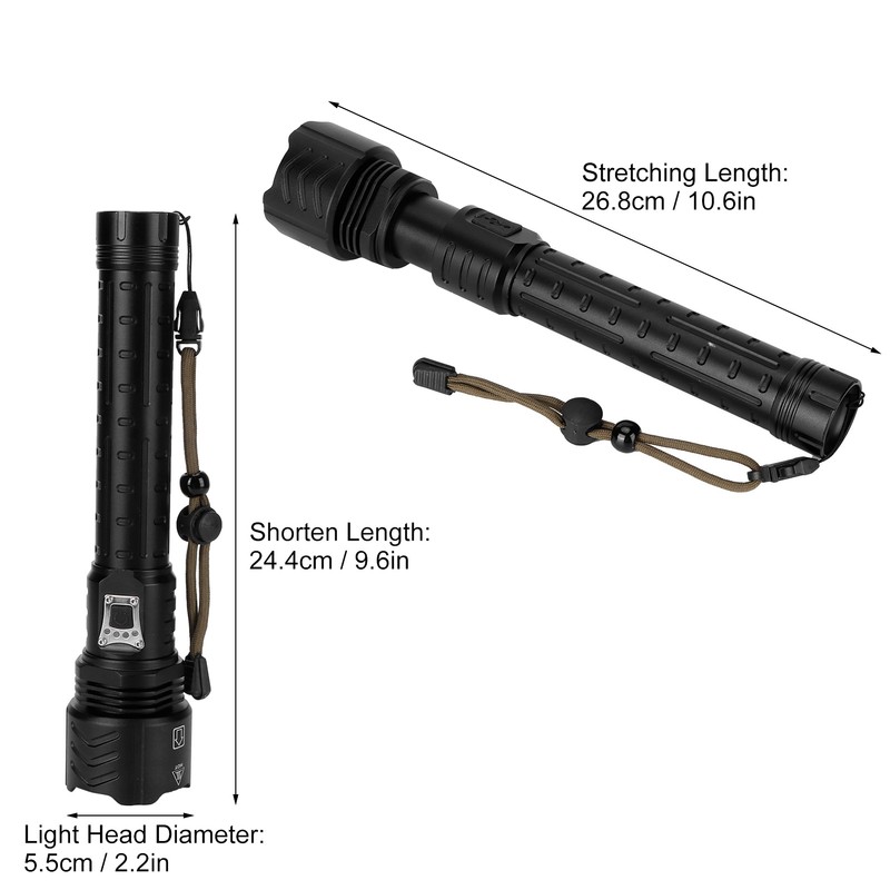 XHP90 Telescopic Zoom Flashlight Waterproof Electric Torch USB Charging for