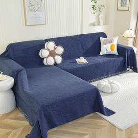 Royhom Sectional Couch Covers 2 Pieces, L Shaped Couch Cover Blanket, Chenille Sofa Covers Washable, Sofa Slipcover with Tassel, Suitable for All Seasons (71"x118"+91"x134", Navy Blue)