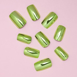 ANDGING Chrome Green Press on Nails Short Square Fake Nails with Designs Acrylic Classy Glossy Glue on Nails for Wedding Fantasy Gel Manicure Full Cover False Nails for Women Pressons Stick on Nails