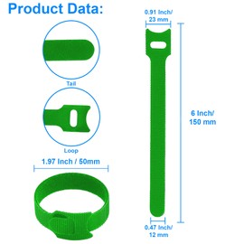 California JOS 60 PCS 6 Inches Reusable Cable Ties, Adjustable Cord Straps, Cable Organizer, Cord Wrap and Hook Loop Cords Management -Green