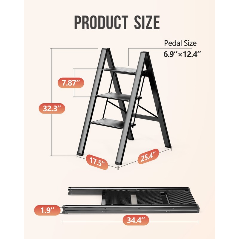 WOA WOA 3 Step Ladder, Foldable Step Stool, Lightweight Ladder