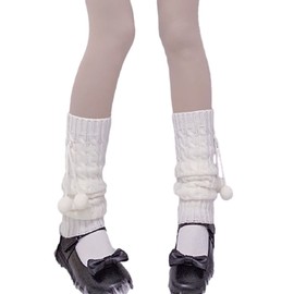Jilneed Long Leg Warmers for Women Lolita Fashion Wool Cable Knit Thigh High Leg Warmers Loose Socks (White)