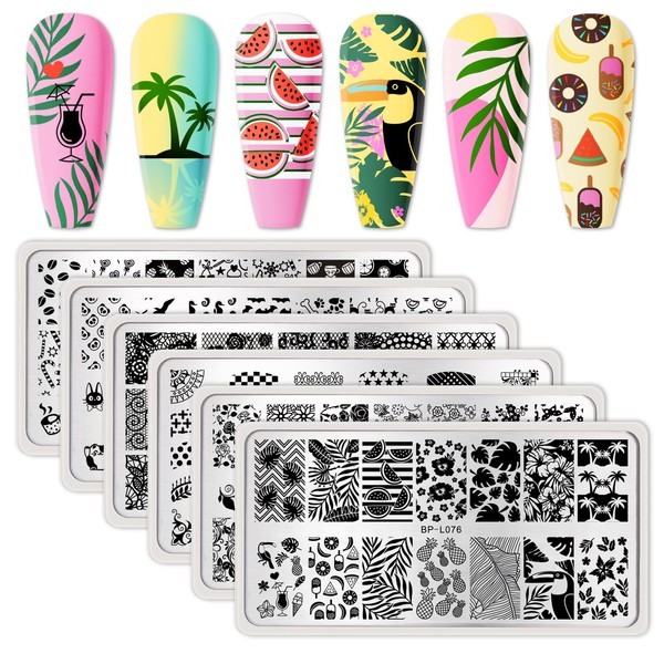 BORN PRETTY Nail Art Stamping Plates Set, Food, Bunnies, Flowers, Lace, Tropical, French Tip Themes Manicuring DIY Nail Templates Plates Print Tool Set