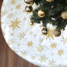 Miaikoe Christmas Tree Skirt, 36 inches Large Gold Snowflake White Faux Fur Thick Plush Xmas Tree Skirt Ornaments for Holiday Christmas New Year Decorations (90cm)
