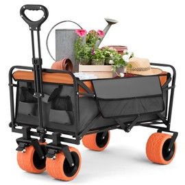 Fitnessclub Collapsible Folding Wagon, Heavy Duty Utility Grocery Cart w/All Terrain Wheels, Side Pocket, Adjustable Handle and Brakes for Shopping, Sports, Camping, Beach, 350Lbs Weight Capacity