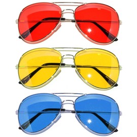 3 Pack Aviator Sunglasses UV Protection Color Lens Metal Frame Unisex (3-pack-avi-red-yell-blu, Colored)