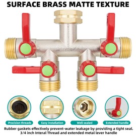 DINGBAI Hose Splitter 4 Way, High Flow Garden Hose Splitter, 3/4” Ght Inlet Brass Heavy Duty Hose Converter, Full Flow water 4 Way Faucet hose splitter, Long Handle Hose Valve Large Outlet.
