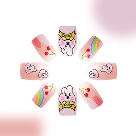 Easter Press On Nails Short Fake Nails Square False Nails Acrylic Nails Press Ons With Cute Rabbit Designs Full Cover Stick On Nails Reuseable Glue On Nails For Women 24Pcs
