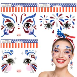 3 Sheet Patriotic Face Gems Set Blue and Red Face Jewels Stick on Face 4th of July Eye Gems Face Stickers for Women, Body Eyes Face Tattoos Sticker for Independence Day Party Festival Accessory