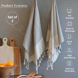 The Fine Living Co. Turkish Hand Towels - Set of 2 | 100% Cotton - Kitchen and Bathroom Hand Towels | Decorative Fall Hand Towels for Bath, Guest, Face, Hair, Tea, Dishcloth | 40”x18” (Gray)