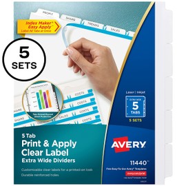 Avery 11440 Index Maker X-Wide Divider, 9-1/4 x 11-1/4, White, 5 Tab, 5 Sets/PK