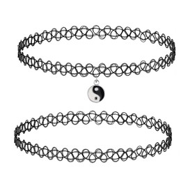 BodyJ4You 2PC Tattoo Choker Necklace - 90s Choker Necklace Women - 2000s Y2K Black Chokers - Yin Yang Silvertone Charm Pendant - Vintage Emo Stretchy Elastic Necklace