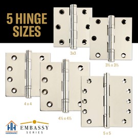 Embassy Door Hinge Solid Brass – 4.5 x 4.5 Inch, Heavy Duty, Polished Nickel, Ball Bearings, Rust Resistant Stainless Steel Pin, Architectural Designer Grade, Home Improvement, 3 Pack
