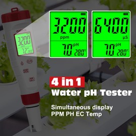 pH Tester,Digital pH Meter for Water,New Version TDS Meter for Drinking Water with Backlit Simultaneously Display 4 in 1 TDS pH EC Meter for Water Hydroponic Nutrient Solution,Pool,Home Use