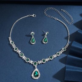 la luen Teardrop Birthstone Necklaces for Women, Rhinestone Drop Dangle Earrings Necklaces Set Oval Crystal Rhinestone Matching Wedding Jewelry Gifts for Wife Girlfriend (Emerald-A)