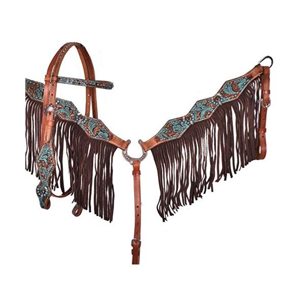 Showman Turquoise & Brown Floral Tooled Browband Headstall & Breast Collar Set w/Reins! New Horse TACK!