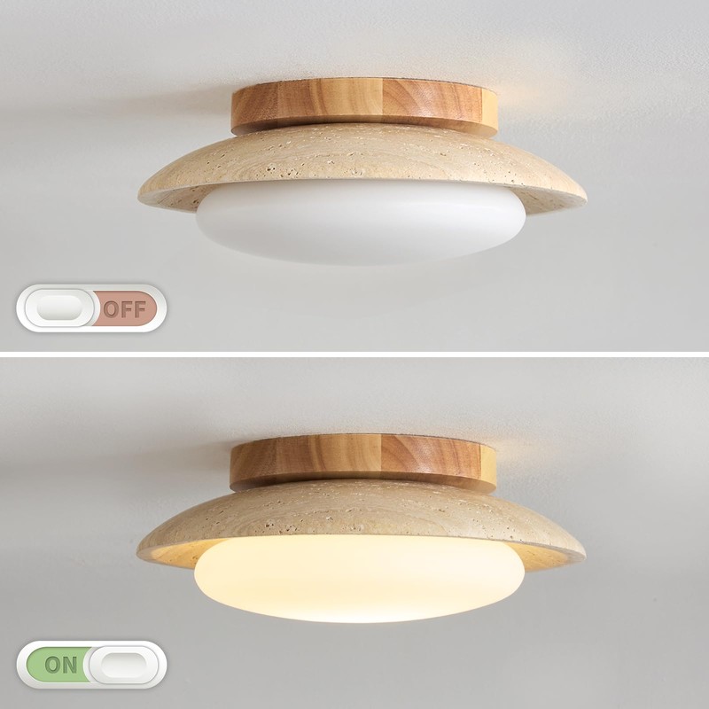 9.8'' Yellow Travertine Flush Mount Ceiling Lamp with Wood Base
