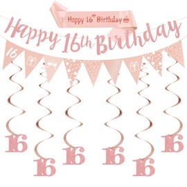 16th Birthday Party Decorations Girls - Rose Gold Happy Birthday Banner Decor Set with Bunting, Sweet Sixteen Sash Number 16 Hanging Swirls for 16 Years Old Party Supplies