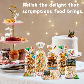 LAOTIDui Plastic Bags for Treats Popcorn Bag Back to School Cellophane Cookie Candy Bags Cookie Packaging Gift for Party Favors Teacher Supplies with Twist Ties Welcome Back to School 200 Pieces