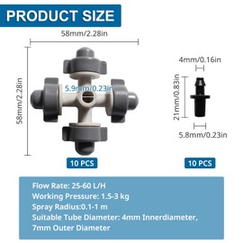 VooGenzek 10 PCS 4-Way Atomizing Nozzle, Plastic Cross Irrigation Nozzle, Gardening Greenhouse Atomizing Micro Nozzle, Cross Irrigation Sprinkler Nozzle with Barbed Connector, for Garden, Dark Gray