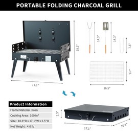 MASTER COOK Portable Charcoal Grill, Foldable BBQ Grill Kit Easy to Carry, Mini Tabletop Grill for Outdoor Camping, Patio and Picnic, 17.1”*10.8”*2.5”
