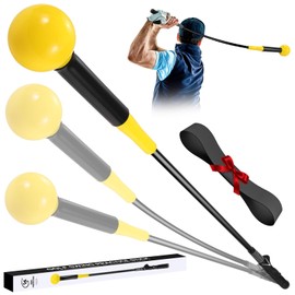 MIKOSI Golf Grip Trainer, Golf Swing Trainer Aid Warm-Up Stick for Strength Grip Tempo & Flexibility Training, Golf Training Aid with Arm Band for Practice Chipping Hitting Golf Accessories (Yellow)