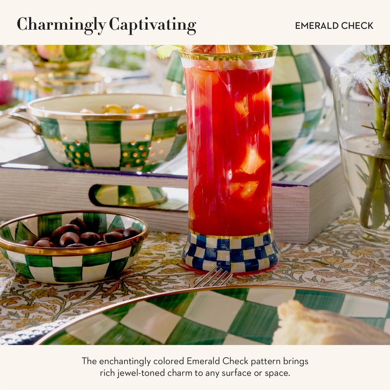 MACKENZIE-CHILDS Enamel Colander, Decorative Kitchen Strainer, Small, Green-and-White Emerald Check