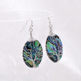 Paialco Oval Dangle Abalone Shell Earrings, Handmade Tree Shape Wrapped Earrings for Women
