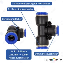 5 x Lumonic I PU Hose T-Connector Reduction I 12/10/12 mm I T-Piece I Push-in I Pneumatic Connector I Reducing T-Splitter I Pressure Lu
