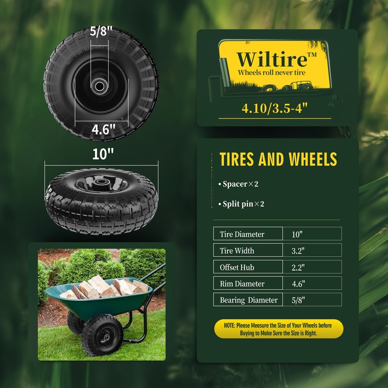 Wiltire (2 Pack) 4.10/3.50-4 Flat Free Tire and Wheel 10-Inch