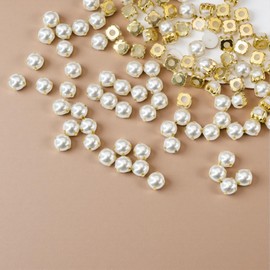 Sew on Semicircular Pearl for Wedding Dresses, 200 Pcs 8mm Flatback Rhinestones with Prong Setting, Round Sew-on Gems with Hole for DIY Bridal Gowns, Shoes, Costumes, Crafts (Gold Pearl)
