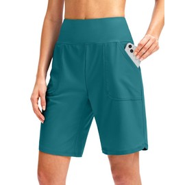 Viodia - Pantalones cortos de natación de cintura alta para mujer de 9 pulgadas con bolsillos, UPF 50+, pantalones cortos de playa ligeros para mujer con forro, Azul lago, XL