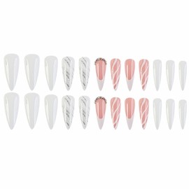 MISUD Press on Nails Long Stiletto Fake Nails Glossy Glue on Nails White French Tip Acrylic Nails Almond Artificial Nails Bling Glitter Swirl Stick on False Nails with Rhinestone Design 24 pcs