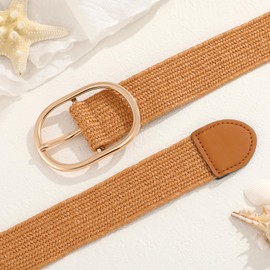 XZQTIVE Straw Woven Belt for Women Stretch Elastic Braided Waist Belt Fashion Boho Dress Belt Raffia Belt, Brown, Fit waist size below 45 inch