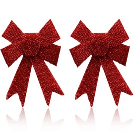AKH® 6.5" x 6" Sparkling Christmas Glitter Tinsel Bows | Pack of 2 Xmas Bows | Tinsel Effect Christmas Bow Luxury Hanging Indoor Outdoor Christmas Tree Decoration Bows | Twist Tie On (Red)