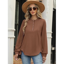 ANRABESS Women's Long Sleeve Henley Tops Tunic Sweatshirt Loose Slit Casual Button Shirts Pullover 2025 Fall Winter Outfits Caramel XX-Large