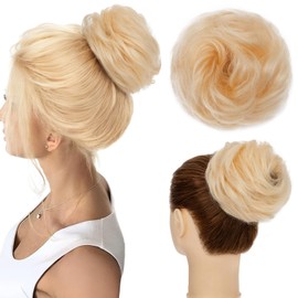 Hairro Human Hair Messy Bun Hair Piece For Women Real Hair Scrunchies Messy Bun Extension Remy Updo Wrap On Bun Accessories Rubber Band Wavy Donut Bridal Hair Bun 25g #613 Light Blonde
