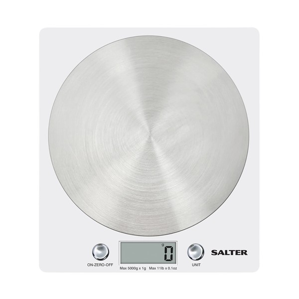Salter 1036 WHSSDR Disc Electronic Scale - Digital Weighing, Stylish Slim Design, Home/Kitchen Cooking, Spun Stainless Steel Platform, Add & Weigh, Measures Liquids/Fluids, 5 Kg Capacity, White/Chrome