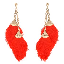 MIRMARU - Pendientes de doble cadena con flecos, diseño de plumas, con forma de pluma, con pendientes de metal dorado rojo