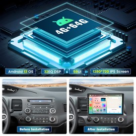 8 Core/4G+64G Android Car Stereo for Honda Civic 2006-2011 Wireless Carplay&Android Auto, 10.1" IPS Touchscreen 1280 * 720 DSP Auto Radio GPS Bluetooth FM/RDS 32EQ WiFi SWC+Backup Cam&Mic