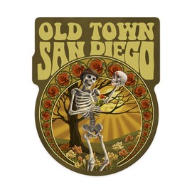 Lantern Press Sticker San Diego, California, Old Town, Skeleton Holding Sugar Skull, Die Cut Vinyl, (Waterproof Decal for Cars, Water Bottles, Laptops, Coolers), Small