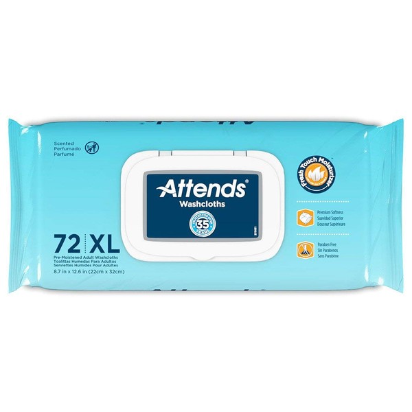Attends Pre-moistened Adult Washcloths 72 Count (Large 8.7" X 12.6")