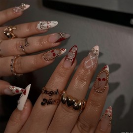 Short Press on Nails Almond Fake Nails French Tip False Nails Red Artificial Nails with Designs Sparkly Cute Nails Stick on Nails for Women 24pcs