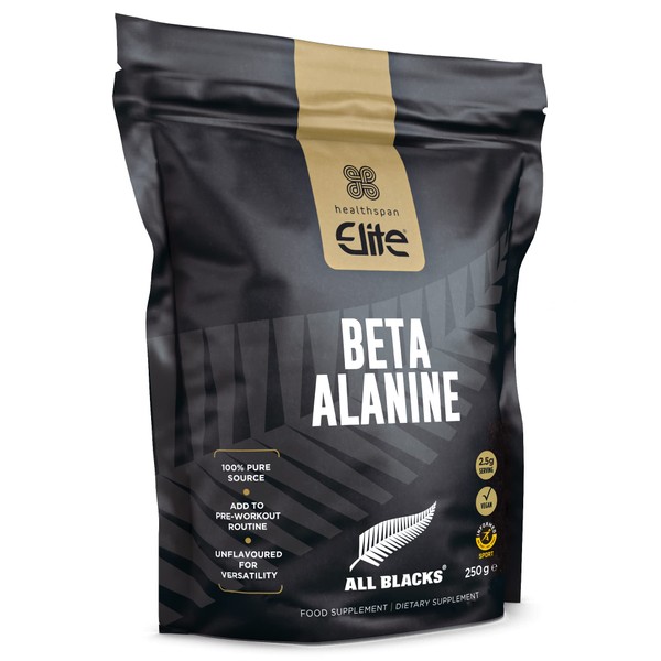 Healthspan Elite All Blacks Beta Alanine (250g) | Pre-Workout | Non Essential Amino Acid | Production of Carnosine | Unflavoured | Gluten Free | Vegan