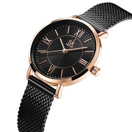 Alienwork Women's Watch Rose Gold Metal Mesh Strap Black Ultra-Thin Elegant